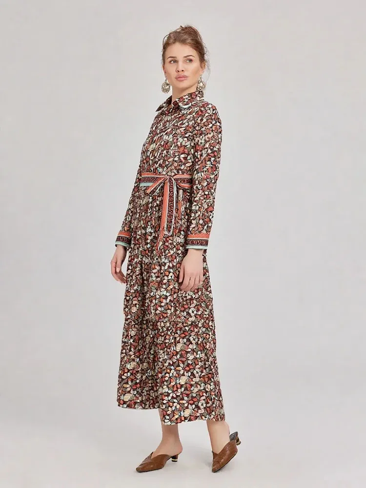 Women'S Autumn Single Breasted Lace-up Slim Fit Maxi Dresses Slimming Letter Positioning Printed Dress A-line Long Dress