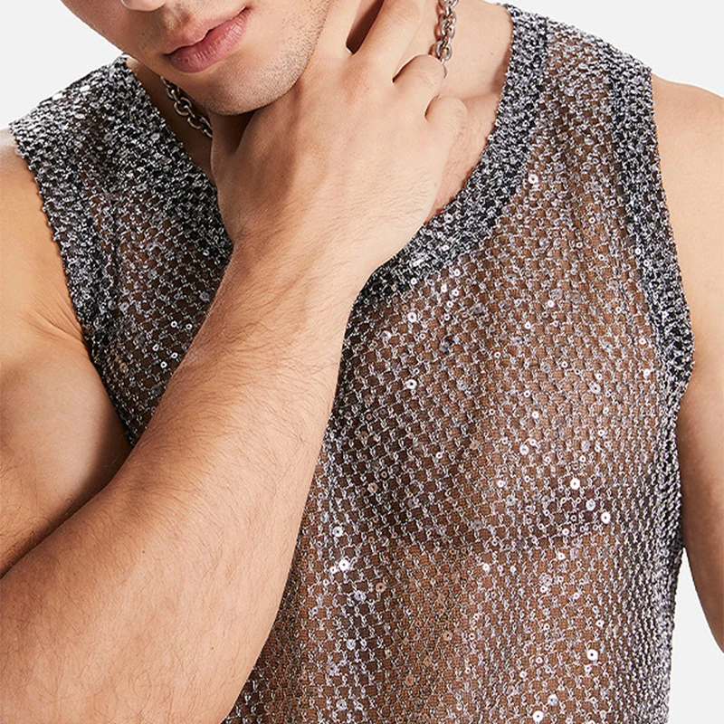 Nightclub Sexy Mens Tank Tops Mesh Sequin Glitter Hollow Out Transparent Vest Men Summer Fashionable Sleeveless Mesh Camisoles