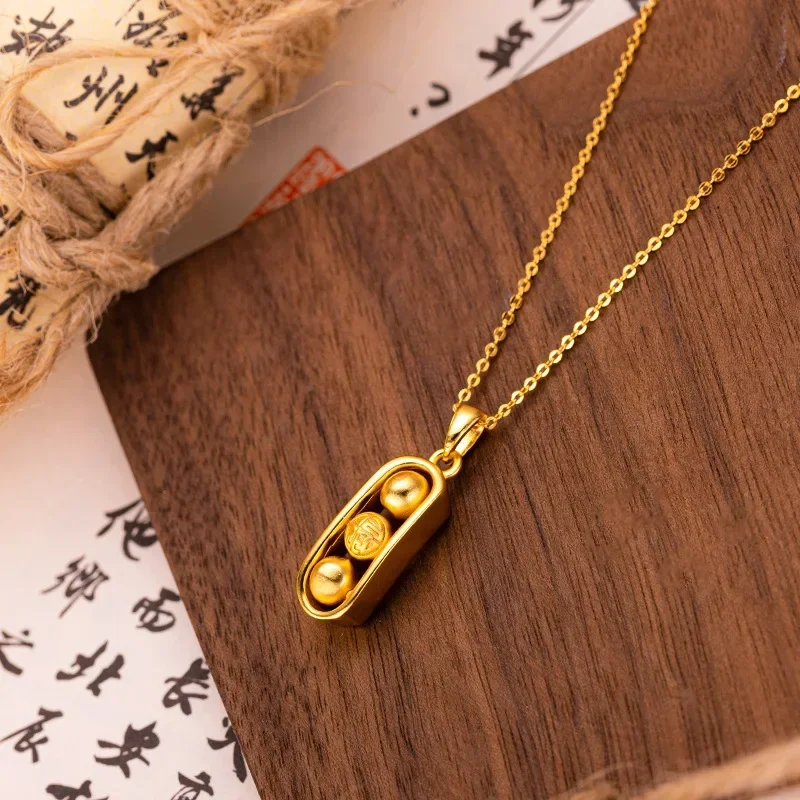 

9999 Real Gold 24K New Chinese Ethnic Style Transfer Bead Pea Pendant Gold Rotatable Fu Character Pea Pendant