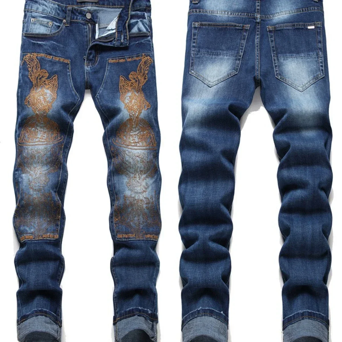 

Men's Ink Splash Graffiti Jeans 3D Inner Embroidery Bleached Slim Fit Broken Hole Long Pants High Elastic Zipper Trendy Cat 2024