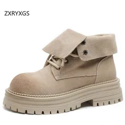 ZXRYXGS 2024 Superior Cow Suede Autumn Single Boots Roman Shoes Woman New Boots Thick Sole Non-slip Thick Mid Heels Roman Boots