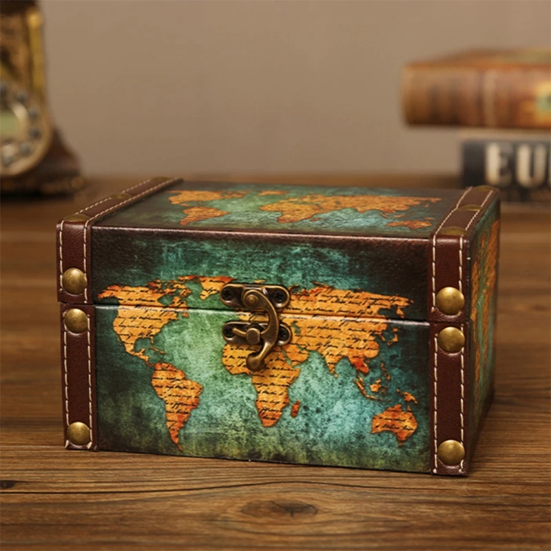 European Vintage Jewelry Storage Box Multipurpose Antique Wooden Pirate World Map Letters for CA