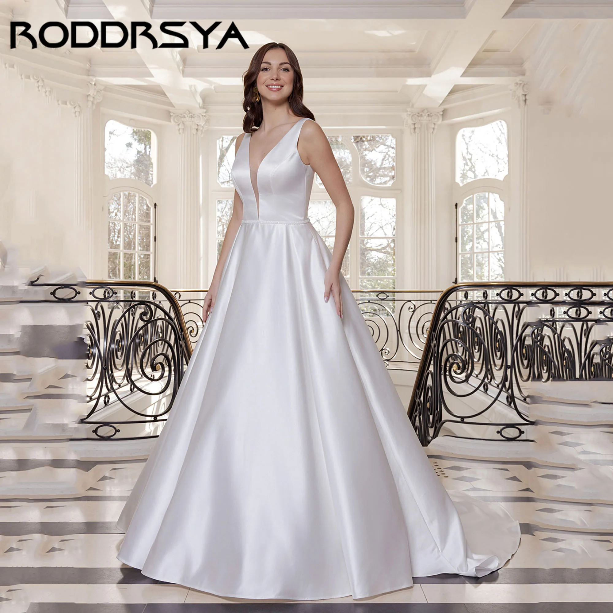 

RODDRSYA Satin V-neck Bridal Dresses Simple Sleeveless A-line Wedding Gowns Women Backless Beading vestidos de novia Customized