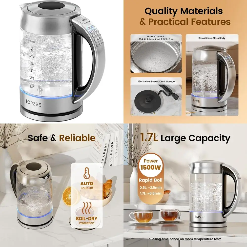 

1.7L Glass Electric Kettle with 6 Temperature Settings, Auto-Off, Dry Boil Protection, BPA-Free, 1500W, Silver