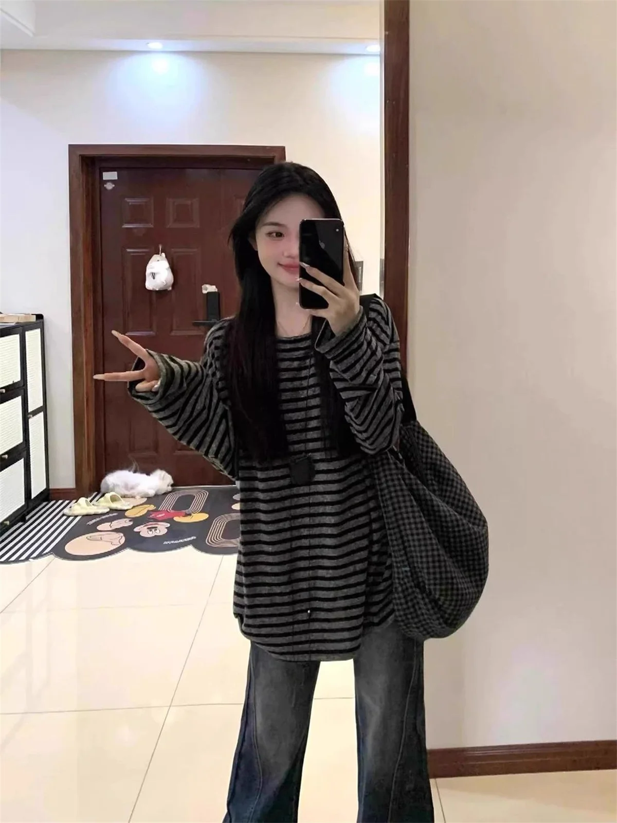 New Fashion Japanese Y2k Clothing Long Sleeves T-shirt Autumn Women Striped Tops Loose Thin Grunge 2000s Streetwear Top