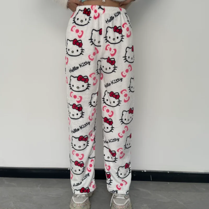 مرحبا كيتي Y2k Kawaii الفانيلا بنطلون بيجاما النساء الخريف الشتاء الدافئة الصوفية أفخم اصطف الكرتون شريك صالة المنزل بنطلون #3