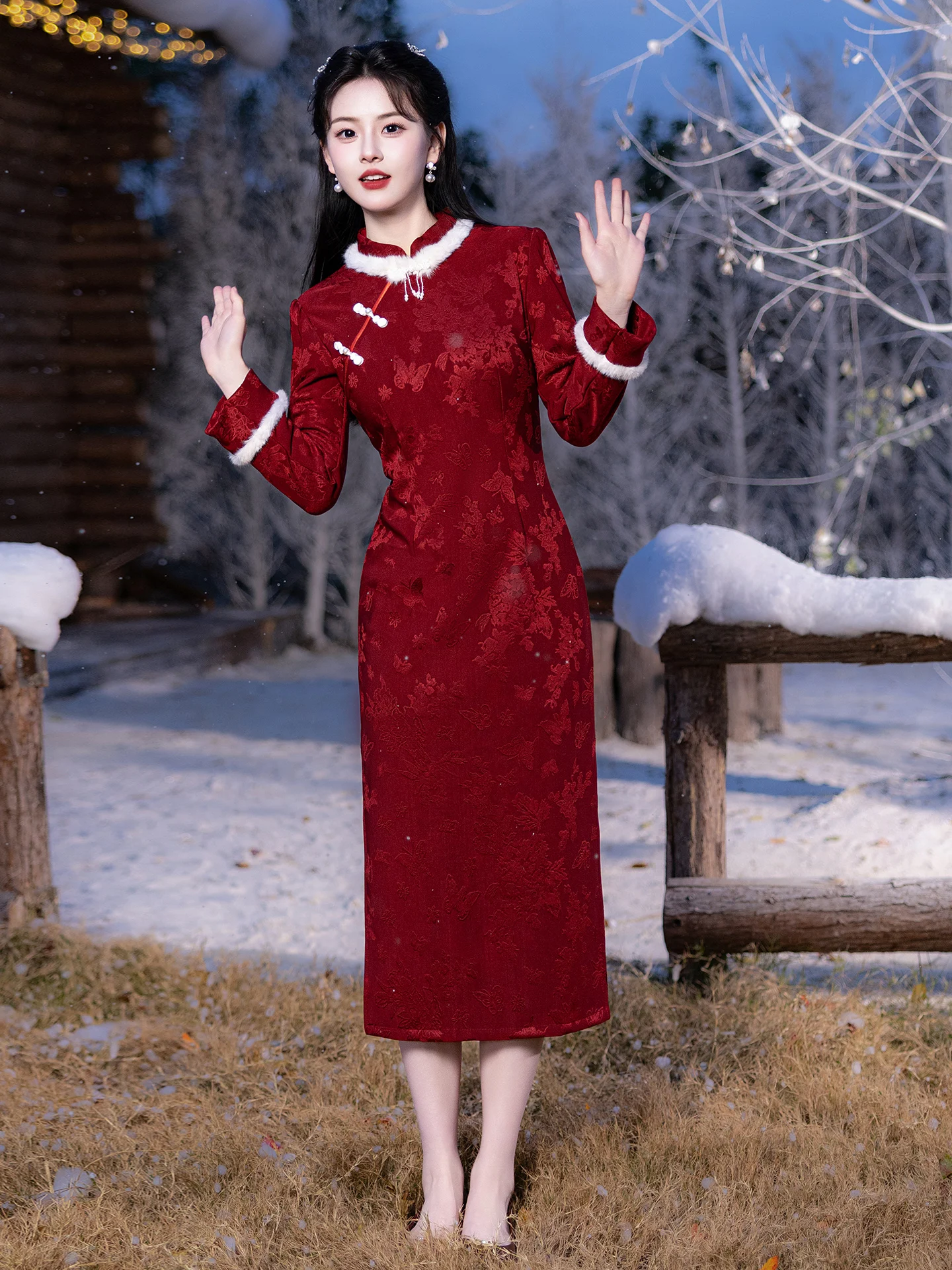 

Красное утепленное свадебное ципао для женщин, традиционная китайская одежда для Нового года, зимняя мода