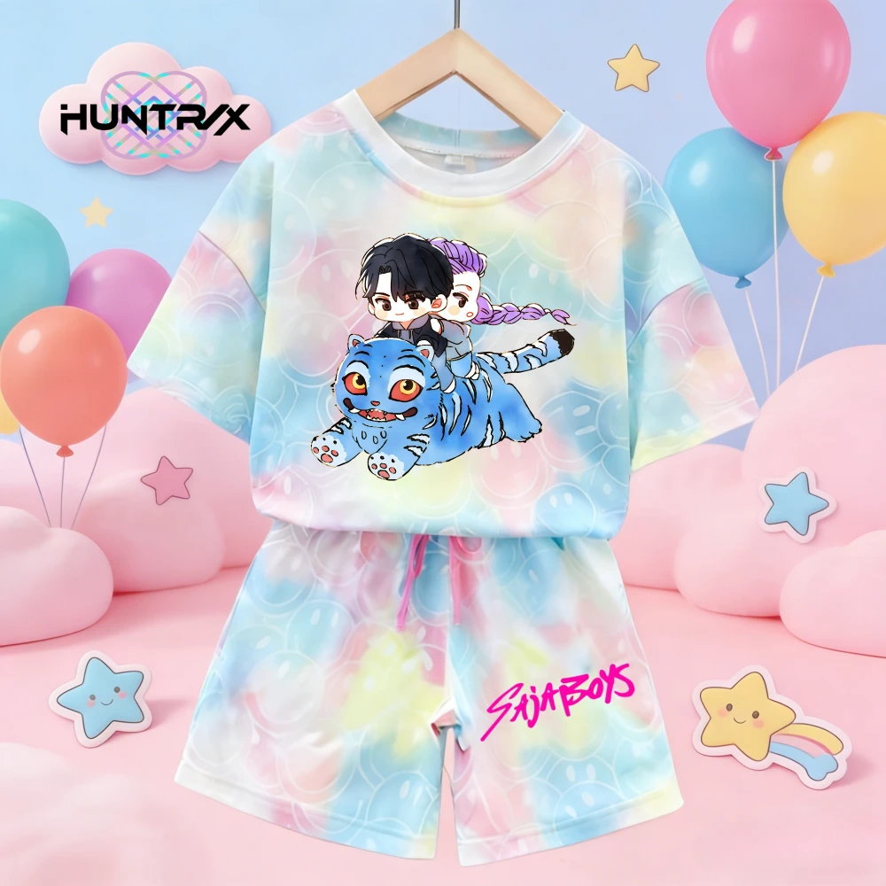 ชุดเสื้อยืดแขนสั้นผ้าฝ้ายเนื้อนุ่มลายหน้ายิ้มน่ารัก Kpop Demon Hunters และกางเกงขายาว ชุดนอนเด็กผู้หญิงสำหรับฤดูร้อน ของขวัญชุดลำลอง