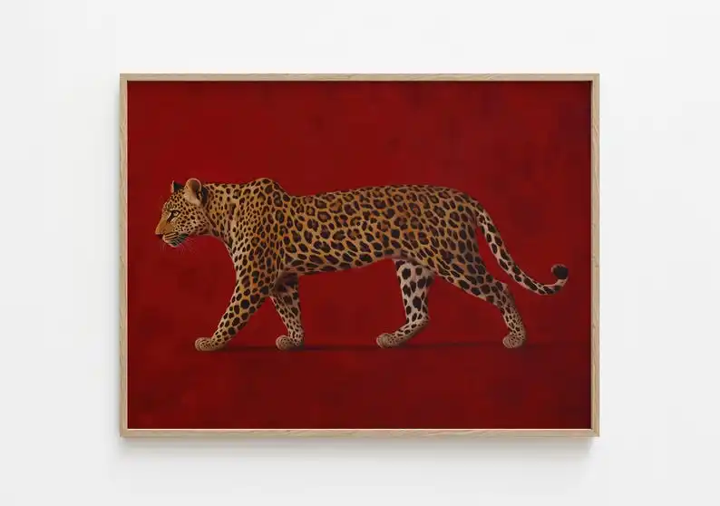 Peinture murale sur toile vintage léopard rouge sans cadre, œuvres d'art maximalistes style Old Money pour décoration de chambre masculine de luxe, cadeau