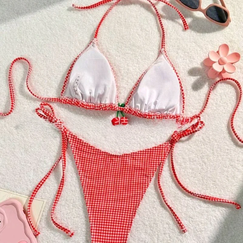 Seksowne bikini w kratę z niską talią strój kąpielowy dziewczyna dwuczęściowe garnitury damskie wiśniowe czerwone paski kostiumy kąpielowe strój