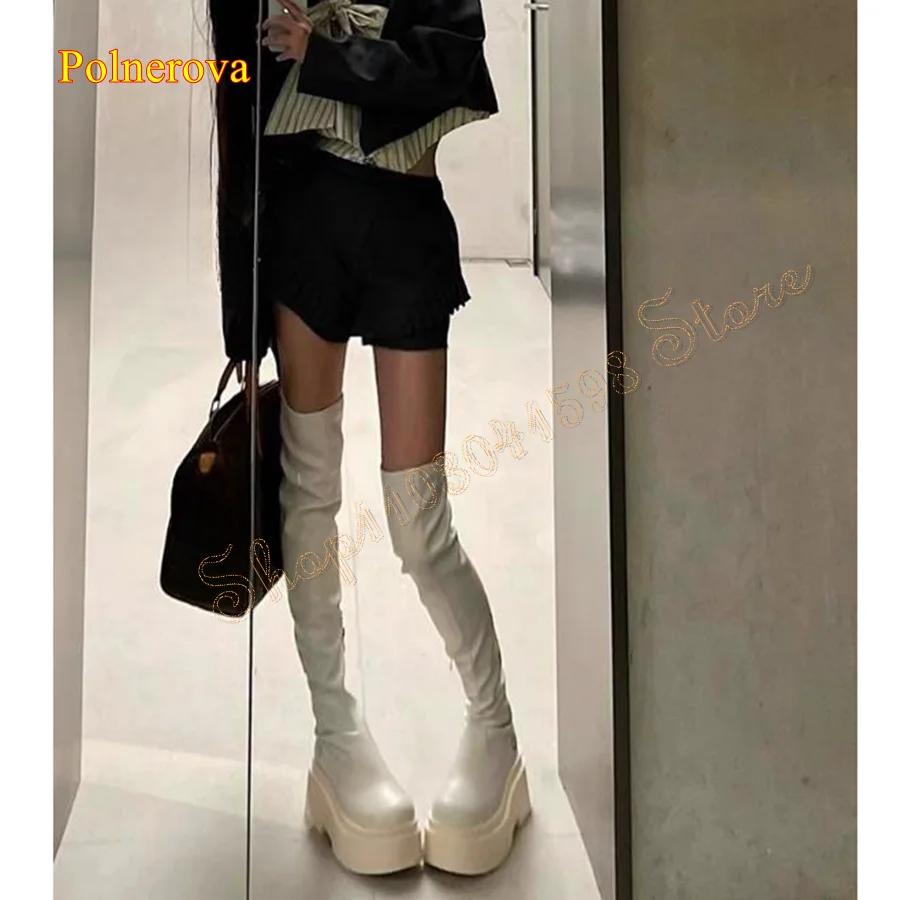 

White Skinny Leather Over The Knee Boots,Double Layer Thick Sole Round Toe Women's Boots Plus Size 2023 New Zapatos Para Mujere