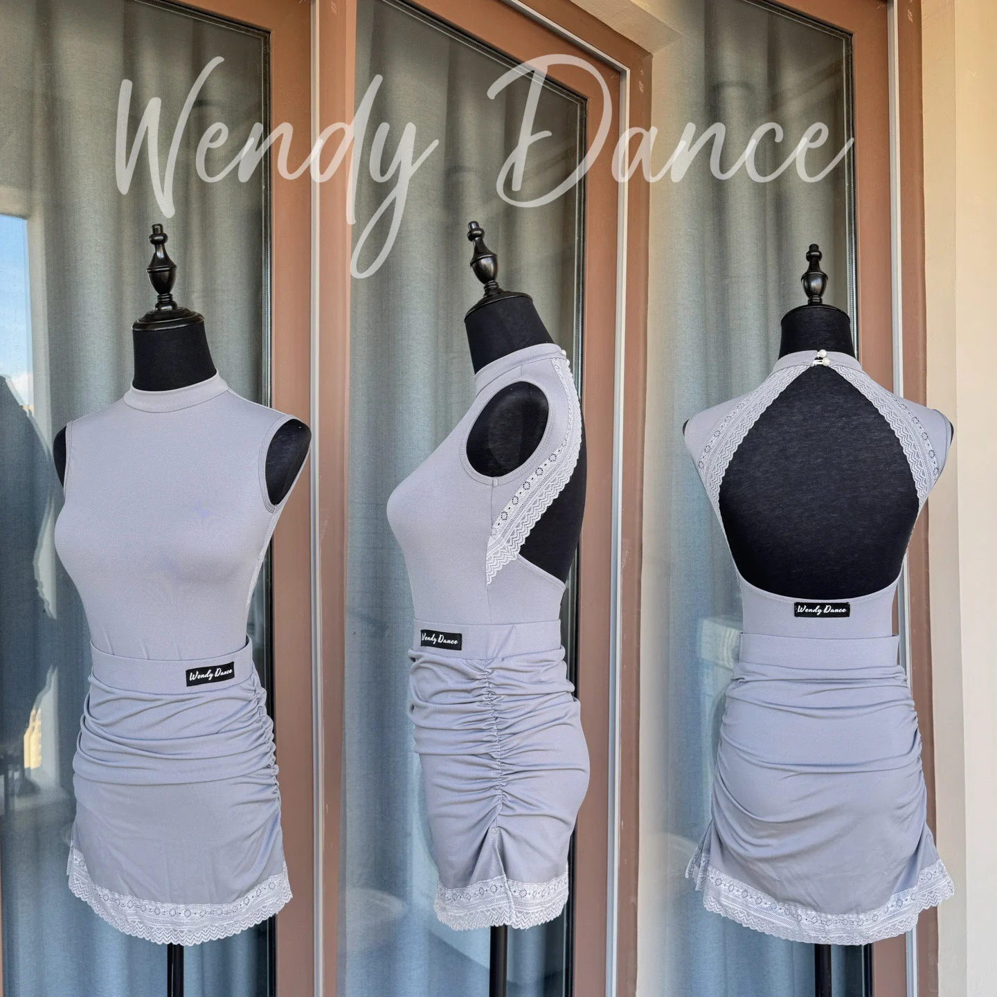 여름 라틴 댄스 복장 여성 새로운 블루 레이스 탑 스커트 연습 착용 민소매 룸바 의상 삼바 댄스 드레스 DNV24627