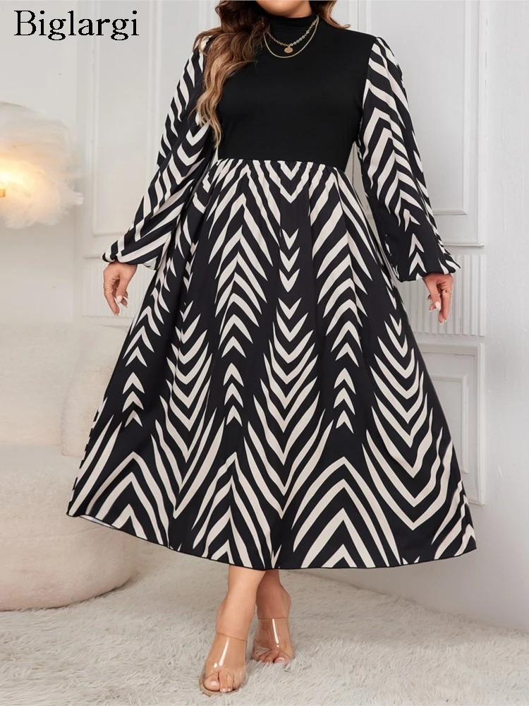 Plus Size Autumn Striped Print Patchwork Dress Women Ruffle Pleated Modis Lantern Long Sleeve Ladies Dresses Casual Woman Dress