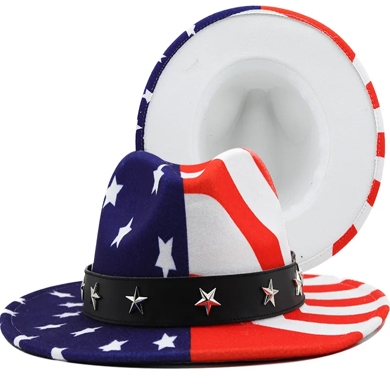 

New Unisex American Flag Panama USA Cowboy Hat Stage Sailor Dance Top Hats Personality Printed Five Stars Fedora Hat Felt Caps