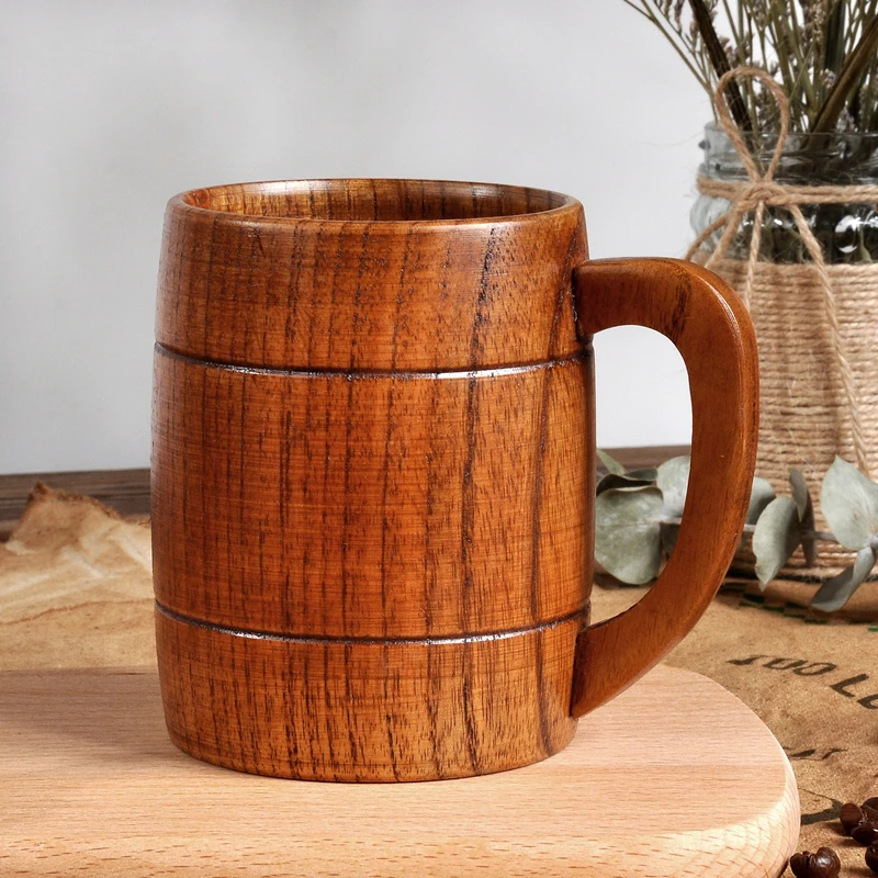 

Vintage Large Capacity Mugs with Handle Natural Wooden Beer Coffee Cups Milk Big Water Cups Home Office Bar Drinkware