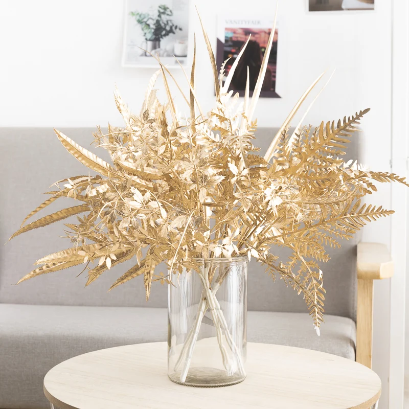 Künstliche Pflanzen Gold Fake Blumen Kunststoff Gras Hochzeit Arrangement Blätter Herbst Home Party Supplies Weihnachten Neujahr Dekor – Detail 2