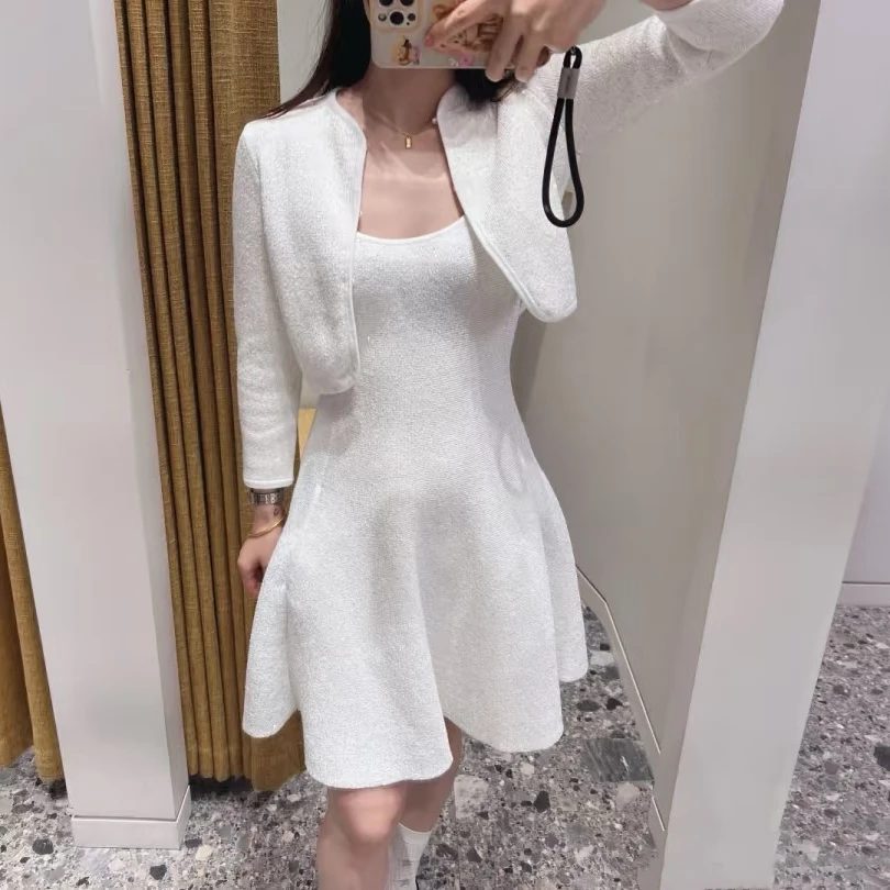 Temperament Set Sequin Short Knitted Cardigan Jacket+camisole Dress M's Autumn New Collection Women Two Piece Outfits 2024