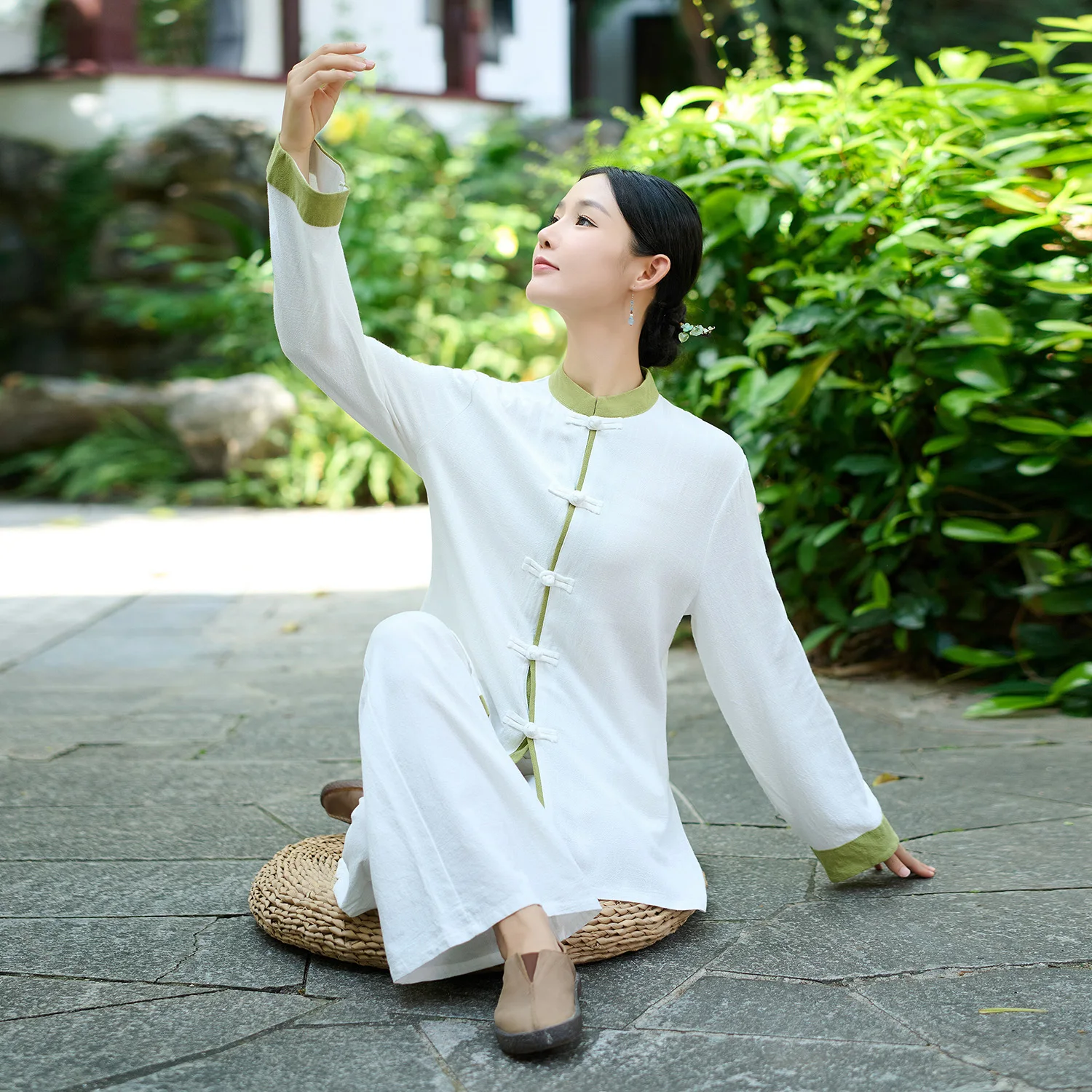 Bawełniano-lniane ubrania do Tai Chi i jogi, długi rękaw, Zazen, medytacja, Baqianjin, dwuczęściowy zestaw, damski strój etniczny, tradycyjny kostium.