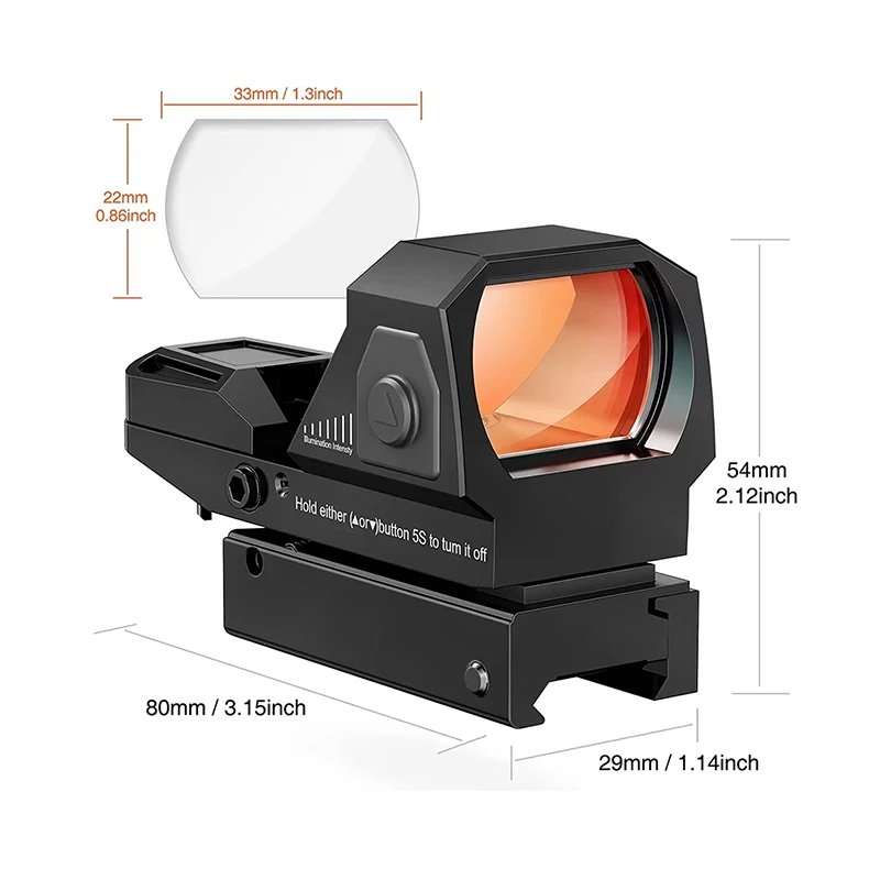 1X22X33 HD101 Red Dot Sight Holographic Reflex Sight 4 Reticle Optics on & Off Switch for 20mm 7 Brightness Level