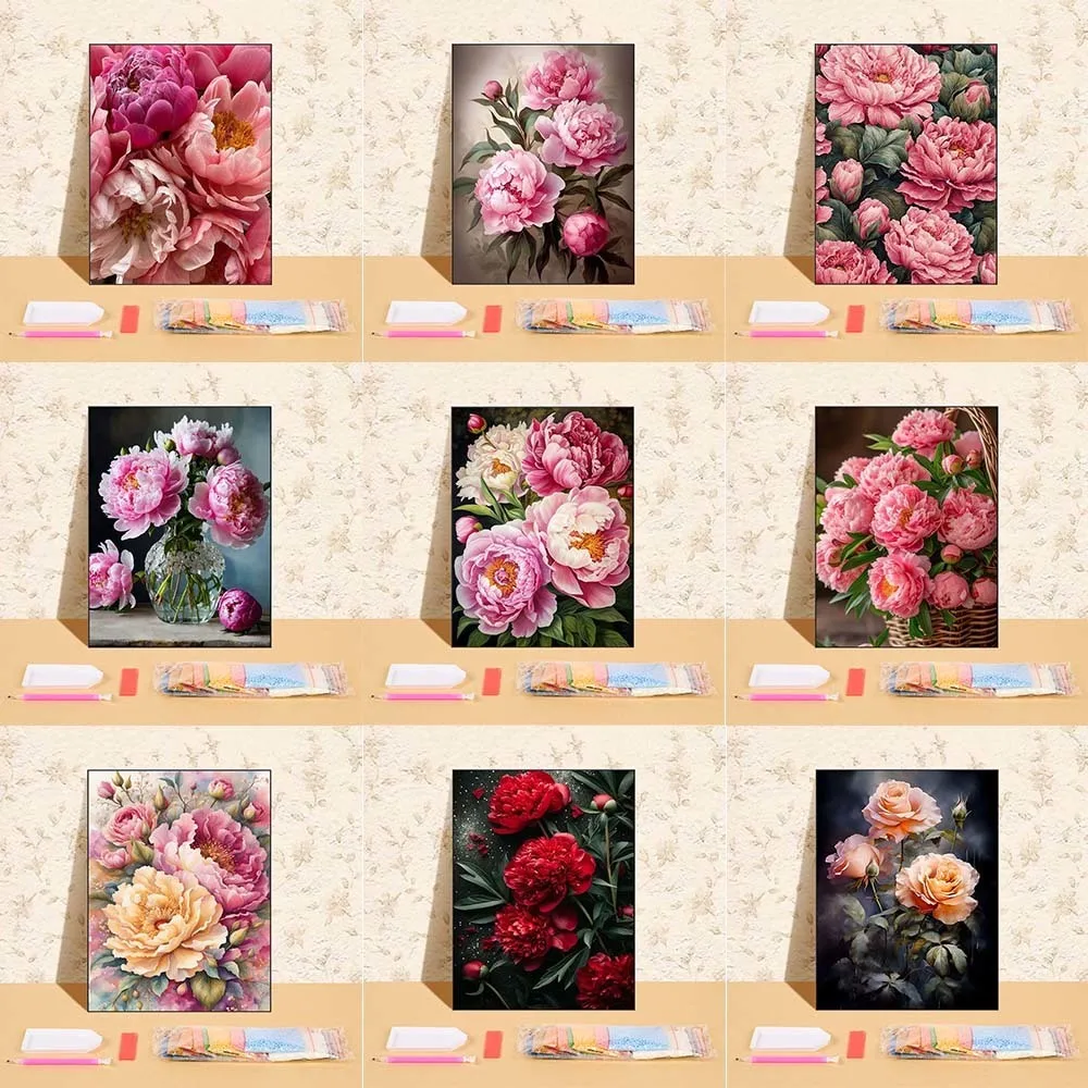 

5d Diy Diamond Embroidery Peony Flowers Modern Decor Mosaic Diamond Painting Full Round Drill Art Painting For Living Room