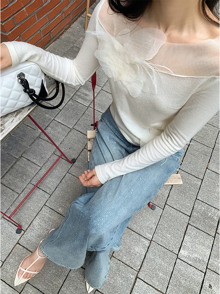 

Вязаный топ Benxe Ultra-Fairy с вставками из страусиных перьев и дизайном в виде лепестков, корейский стиль, длинный рукав, круглый вырез