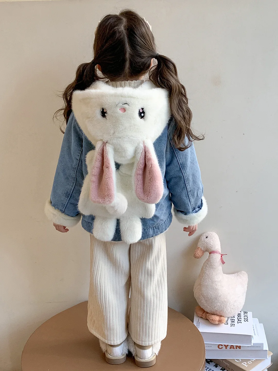 

Джинсовое джинсовое джинсовое платье Fce на подкладке для девочек, осенне-зимнее милое детское пальто со стойкой, длинное пальто с кроличьими ушками...