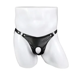 Sexy Exotic Black Artificial Leather Metal Ring Thong Jock Strap Underwear Pump Man Low-Rise Shorts And Underpants For Men