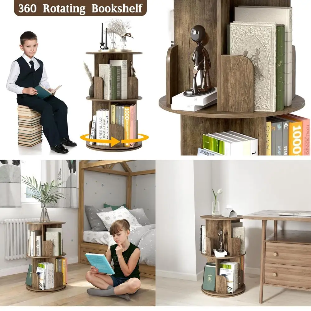 

2-Tier Rotating Bookshelf, 360° Spinning Corner Bookcase Space-Saving Storage Rack for Living Room, Bedroom, Office, Kids Room