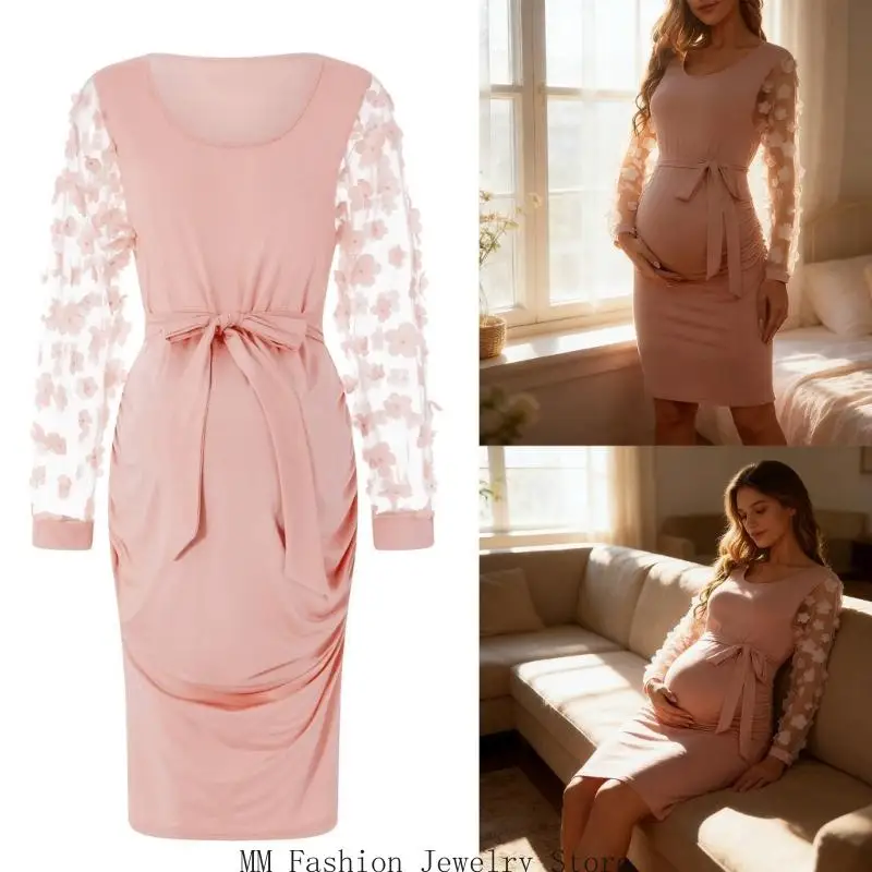 Umstandskleid mit Rundhalsausschnitt, figurbetontes Netz-Langarmkleid für Babyparty, lässiges Lounge-Schwangerschaftskleid D0UB