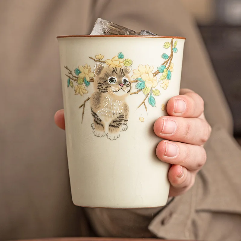 1 Pc Chinese Tradition Ru Kiln Ceramic Tea Cup Handmade Cute Cat Teacup Travel Large Capacity Tea Bowl Master Cup Tea Set 250ml