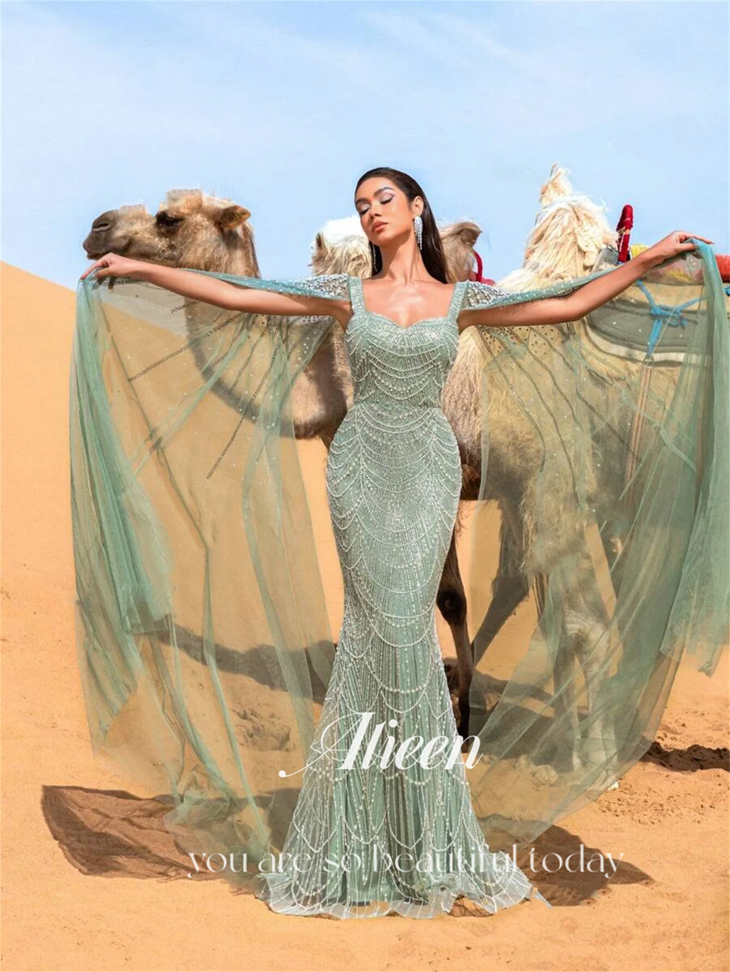 Aileen فستان سهرة نسائي أخضر شال فساتين لحضور الحفلات الموسيقية 2025 خرز مخصص فيستدوس دي فيستا فاخر فساتين سهرة حورية البحر فاخرة