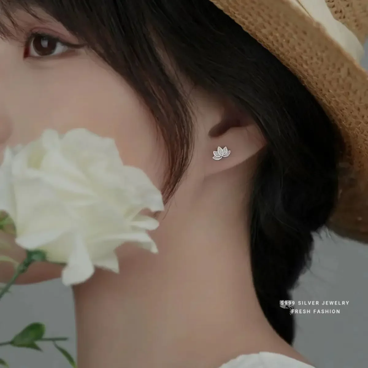 925 فضة لوتس زهرة أقراط صغيرة للنساء الفاخرة أنيقة ثقب المجوهرات اكسسوارات مجوهرات أرجنت 925 #4
