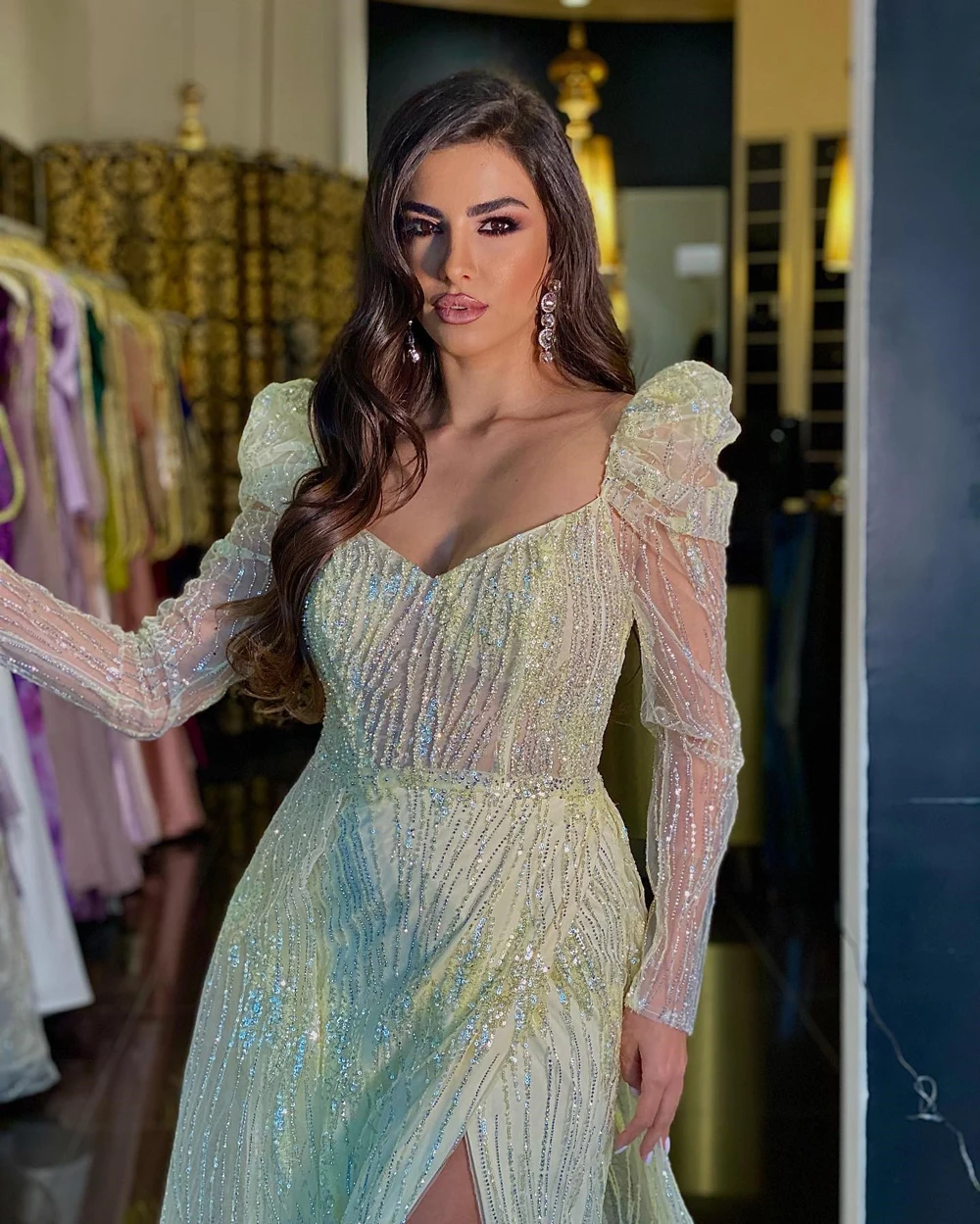 Saudi Arabia Sequin Evening Dresses Beaded Full Sleeves High Split Tulle Formal Party Prom Gowns Vestido De Noche Customized