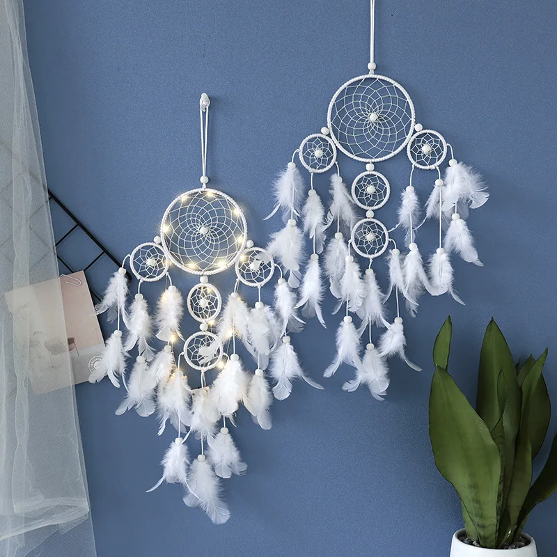 White Five - Ring Dream Catcher with LED Lights, Nordic Ins Style Wall Hanging, Handmade Cotton & Feathers, for Bedroom Decor, G