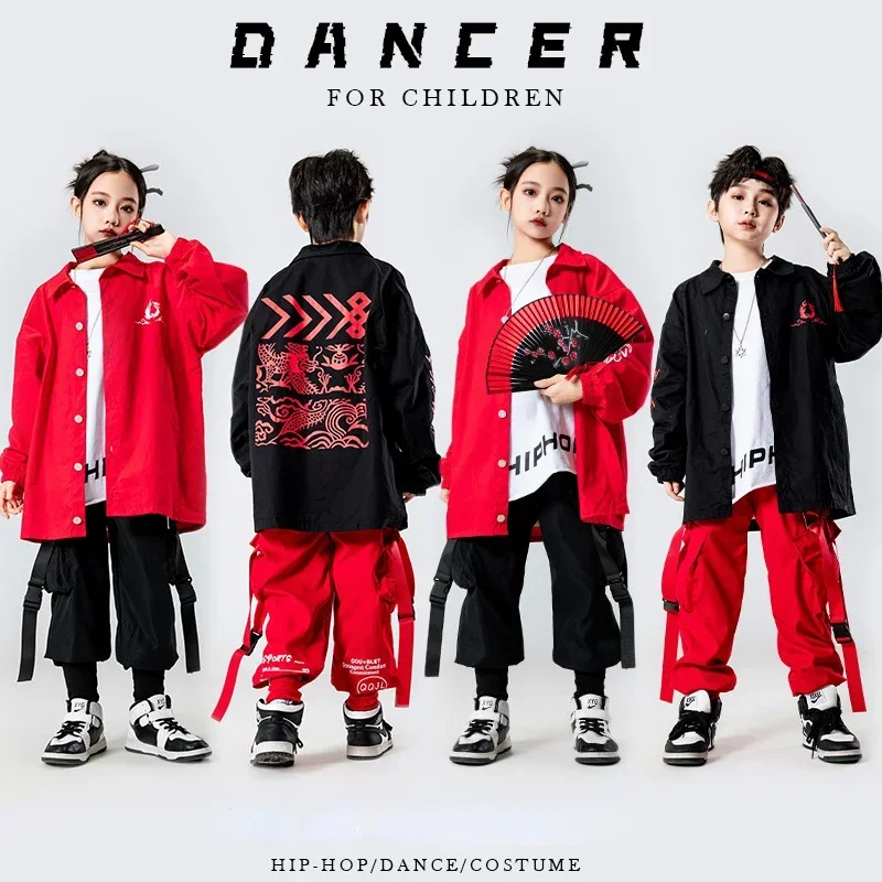 

New Jazz Modern Dance Performance Costumes for Kids Loose Hiphop Chinese Style Top Cargo Pants Suit Girl Boy Hip Hop Stage Wear