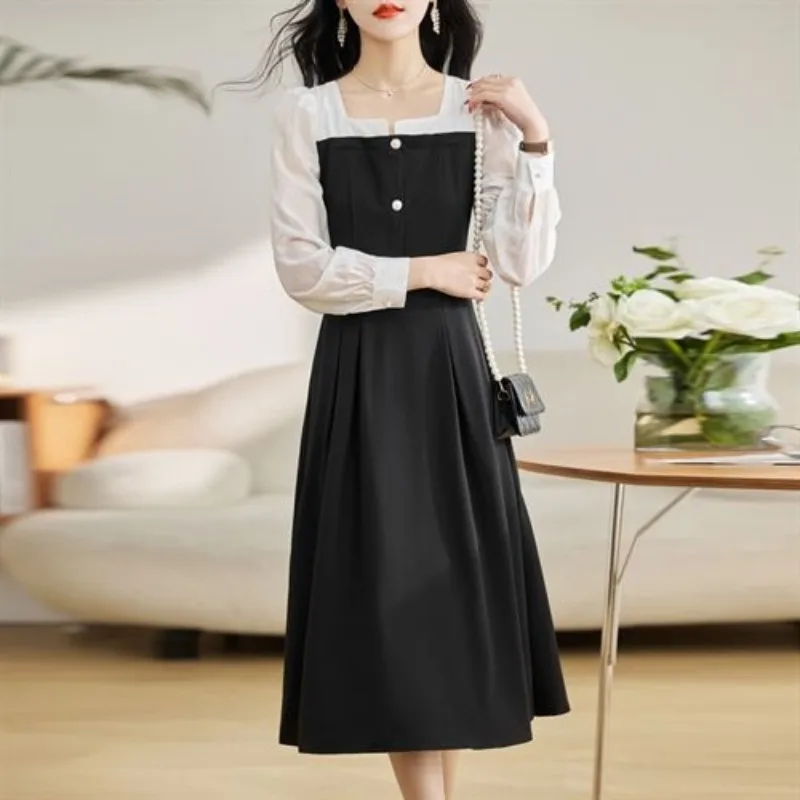 Women's Tailored Dress - Pearl Button Detail Zipper Back Midi Dress