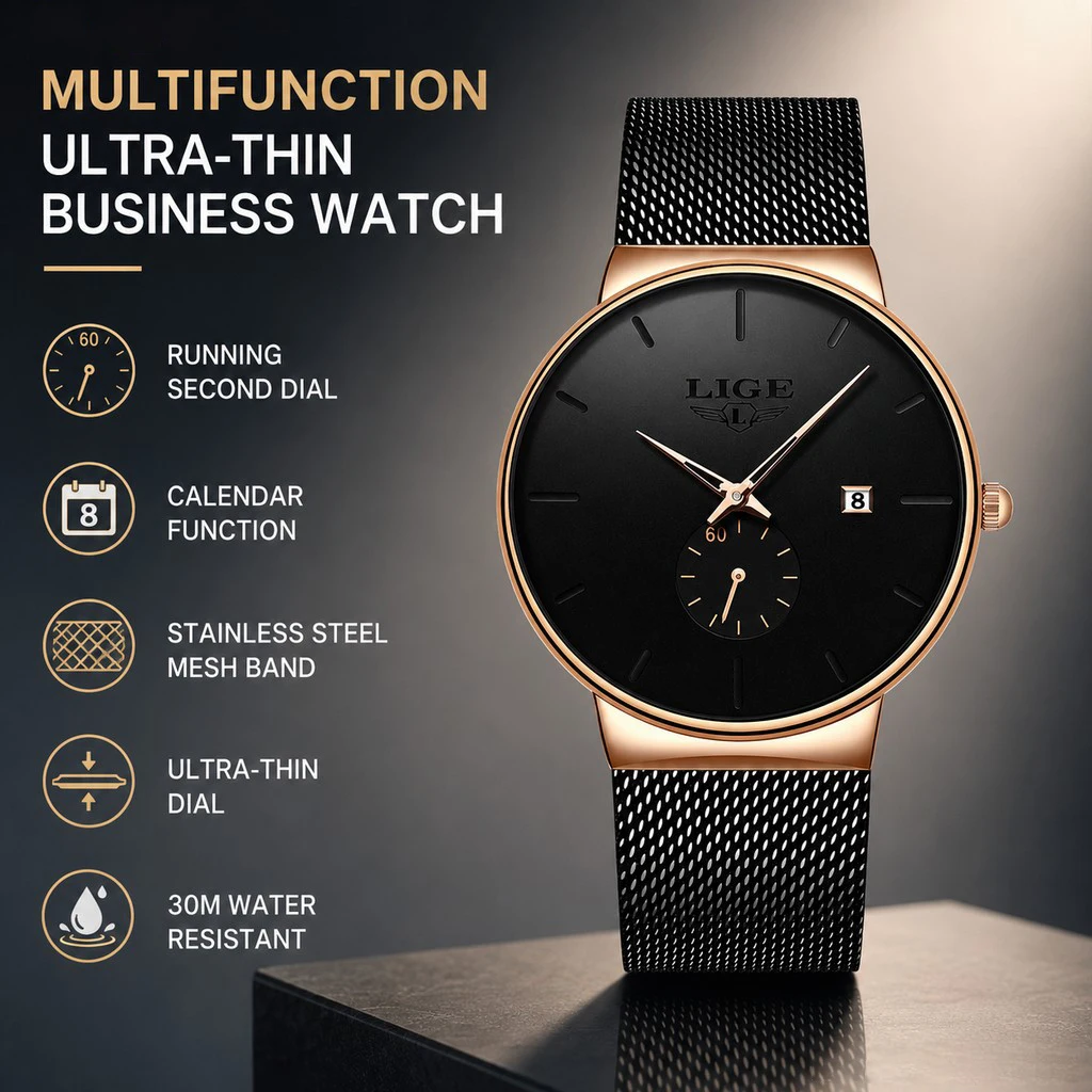 Reloj deportivo LIGE para hombre, marca de lujo, reloj de cuarzo, famoso reloj de moda, reloj de pulsera ultrafino unisex para hombre.