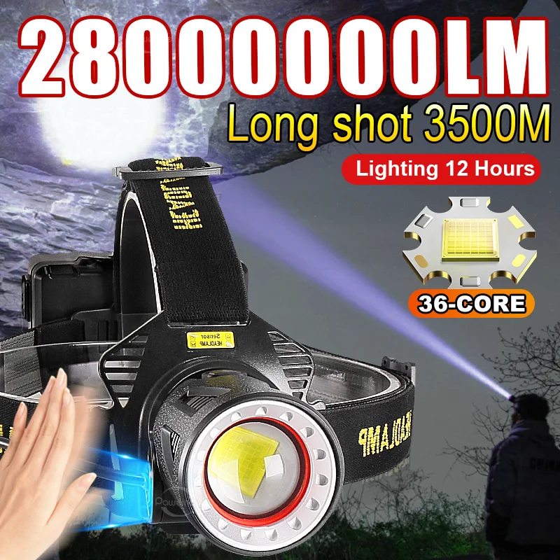 

28000000LM высокая мощность голова фонарь Zoomable USB перезарядная фара 3500M Новое обновление 36-ядерный длинный выстрел 3500M сильный свет голова свет IPX6 рыбалка кемпинг охота аварийные огни