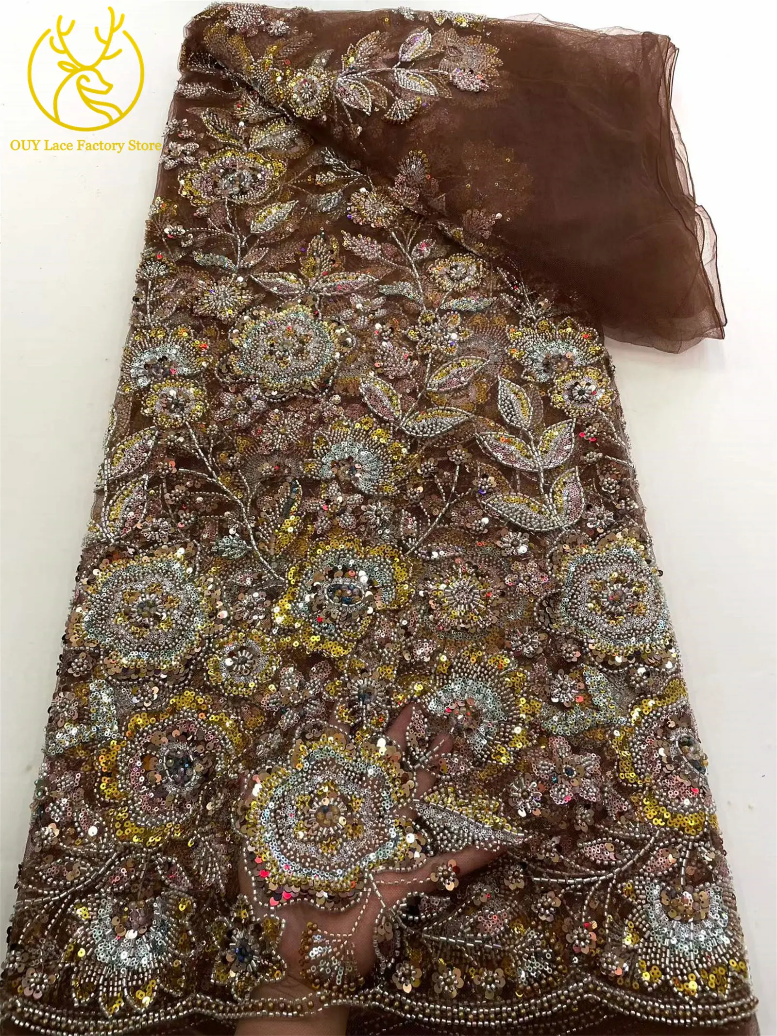 2026 Modische Afrikanische Bräutigam-Spitzenstoffe mit Stickerei und Perlen, 5 Yards Französischer Tüll mit Pailletten, Nigerianischer Spitzenstoff für Hochzeitskleider – Detail 12
