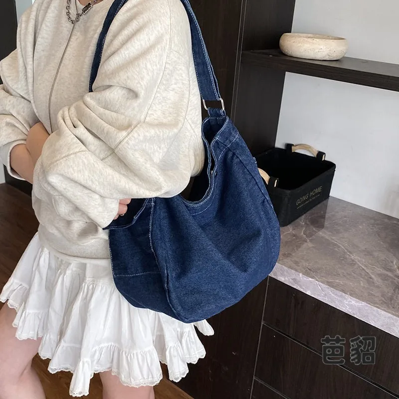 Retro Washed Denim Shoulder Crossbody Bag for Women Large Capacity Fashionable Versatile Summer Style Dumpling Shape Bag