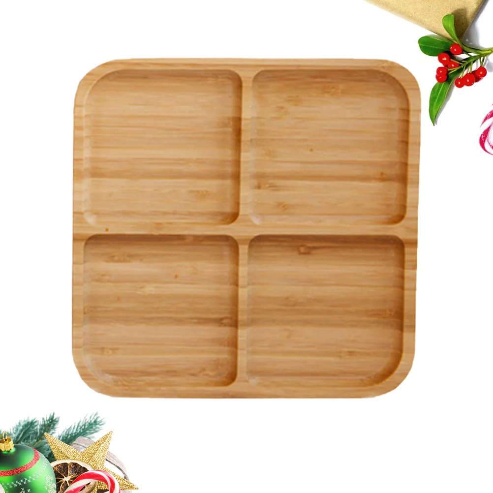 

4 Grids Bamboo Snack Plate Snack Plate Fruit Bread Tray Dishes - Size S bamboo tray snack serving plate