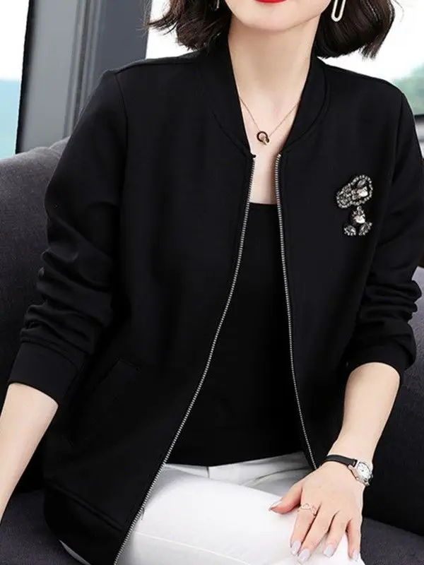 

High-End Ladies Baseball Jaet Casual Loose Sle Spring Autumn Faion Mom's Jaet Zipper Splice Diamond Embellied