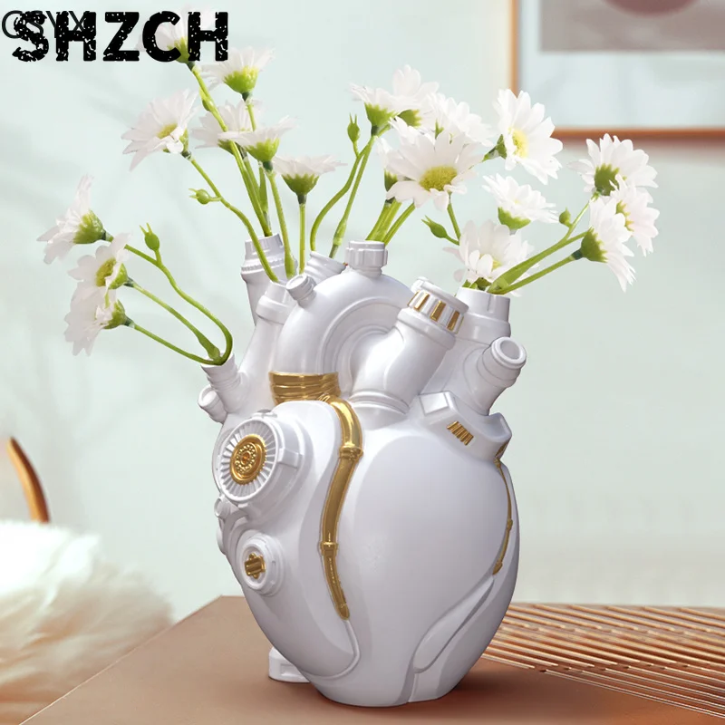 Home Decor Mechanical Heart Cardiac Vase Home Desktop Decoration Crafts Resin Home Flower Arrangement Decoration Ornaments