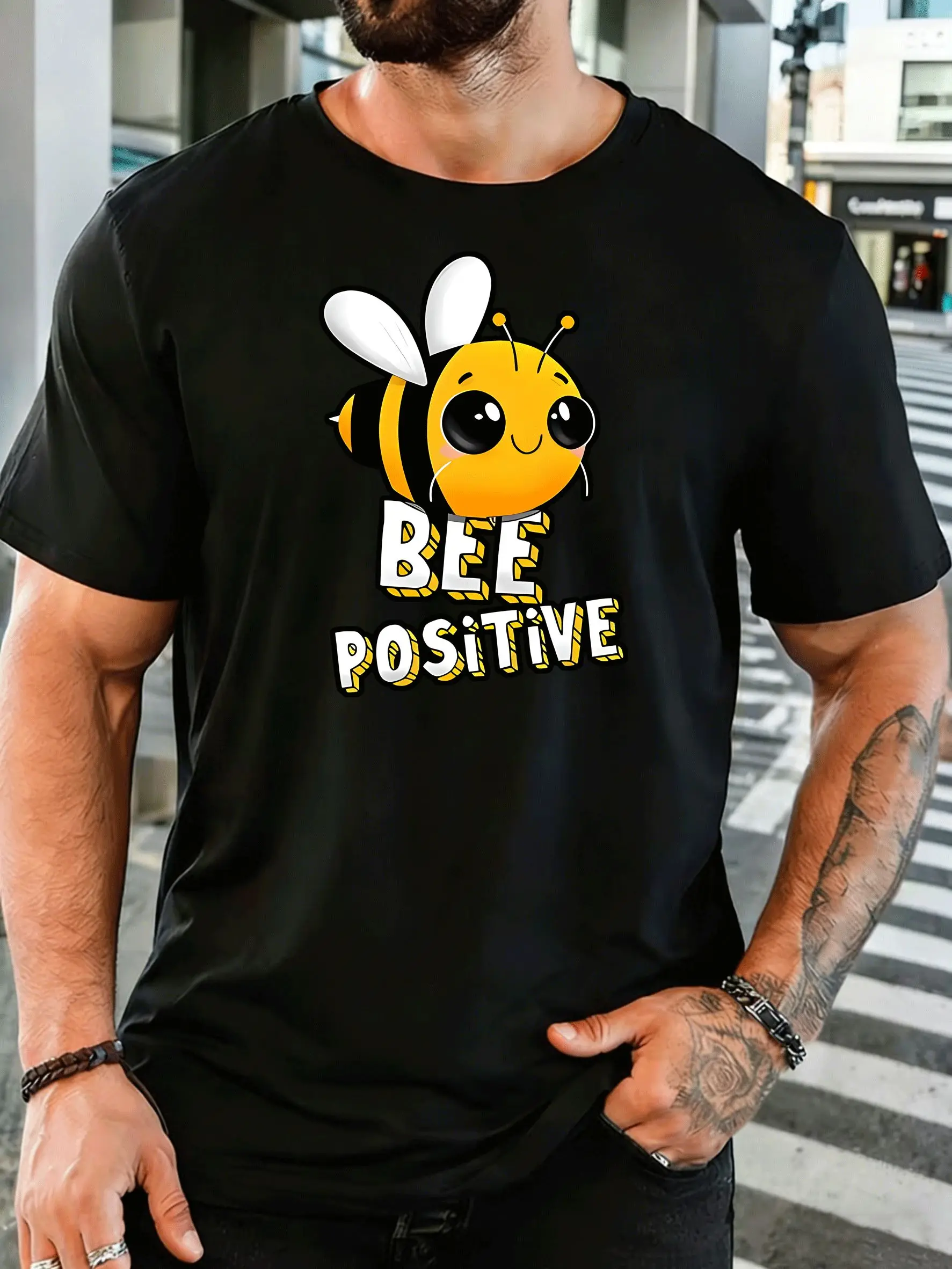 Cute Bee Bee Positive Quote Mens Print T Shirt Happy Cartoon Insect Graphic Tee Casual Short Sleeve Top Positive Vibe Lover Gift