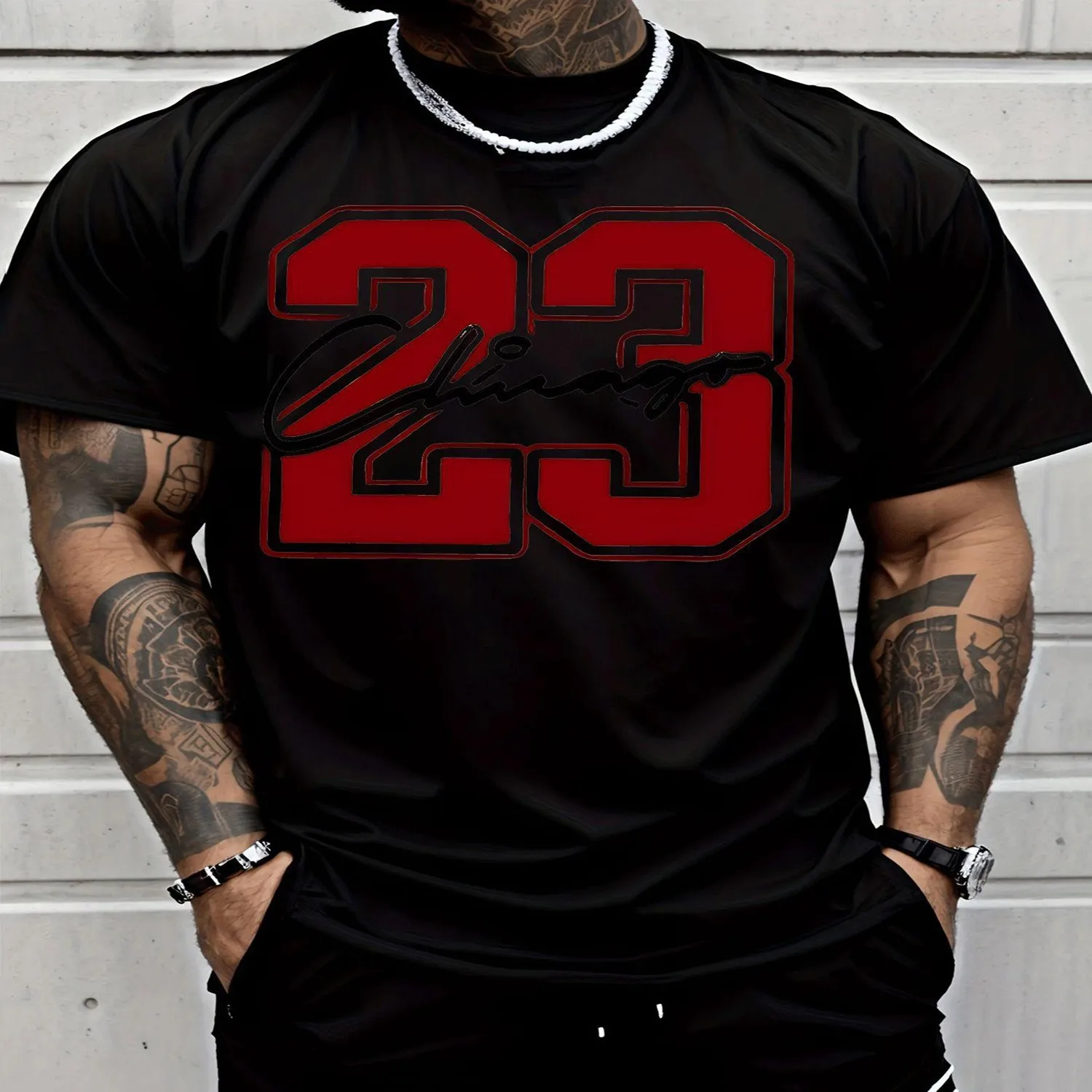 Men'S Casual Graphic T-Shirt with Red Number 23 and Signature Print Breathable, Moisture-Wicking, Regular Fit Short Sleeve, Perfect for Sports, Casual Wear, and Holiday Gifts Fashionable Casual S Gift for him, Retro graphic tee
