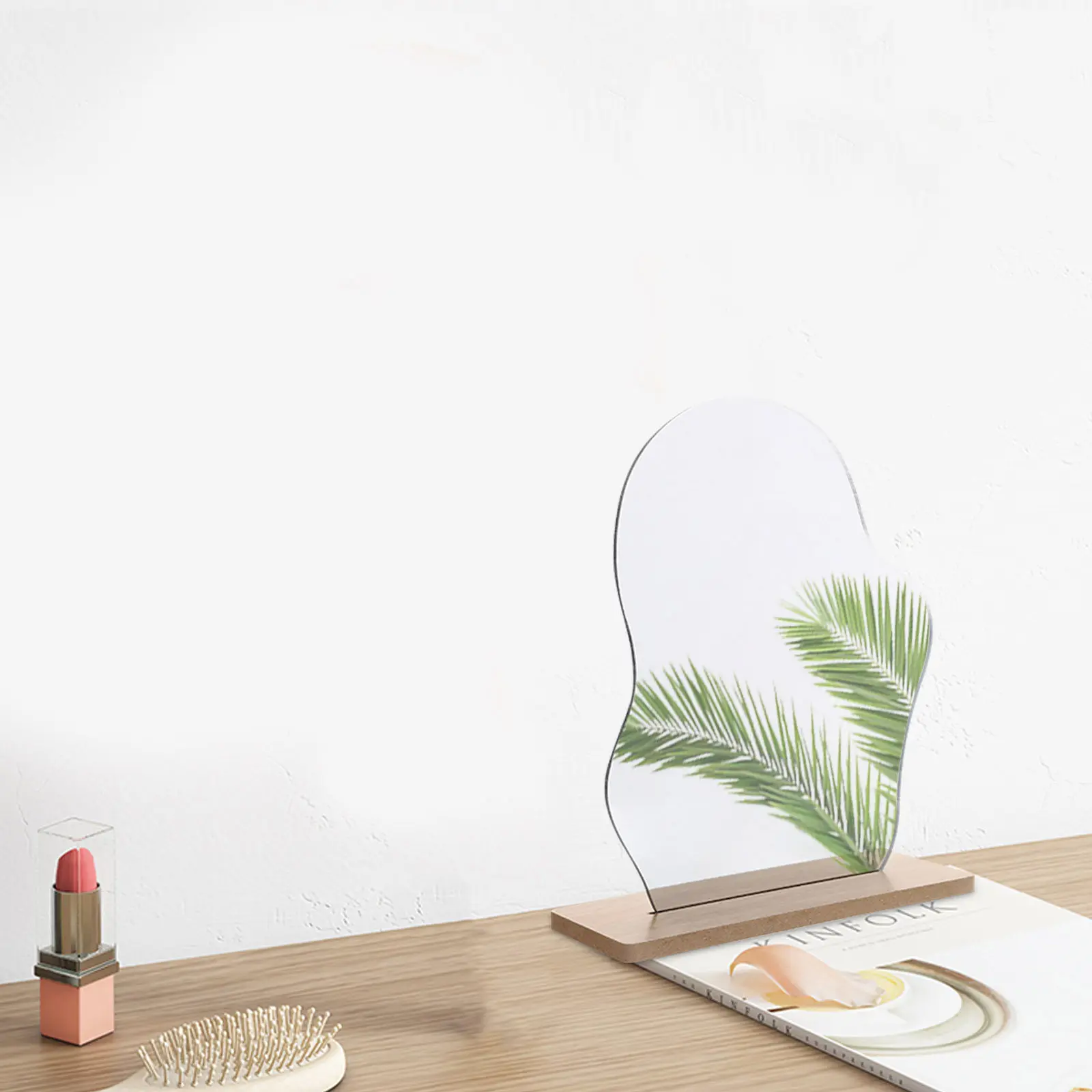 

Stylish Irregular Desktop Makeup Mirror with Wooden Stand Hd Reflective Surface Portable Table Vanity Mirror for Bedroom Living