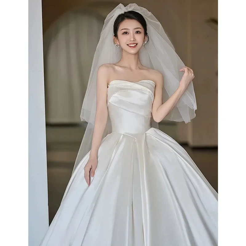 Satin Wedding Dress, Bride's Main Veil, High-end Texture, French Strapless  Simple Wedding Dress, Performance Evening Dress