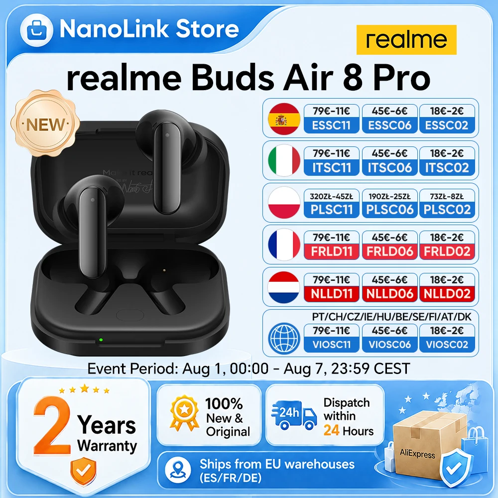 Auriculares inalámbricos realme Buds Air 8 Pro con Bluetooth, versión europea para teléfonos inteligentes 5G como realme 16 Pro Plus, realme GT 8 Pro y realme Pad 3