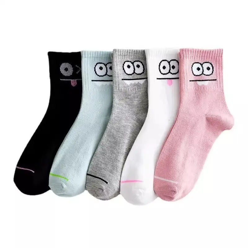 5 Pairs Of New Women\'s Cute Fun Emoji Socks Casual Breathable Wicking Ins Preppy Stripes Everyday Comfort Mid-Tube Socks