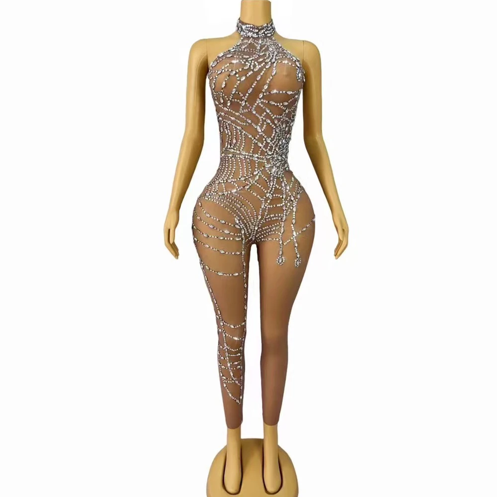 

Sexy Designed Blingbling Rhinestones Backless Stretchy Mesh Jumpsuits Women Party Bar Singer Dancer Performance Photoshoot Dress